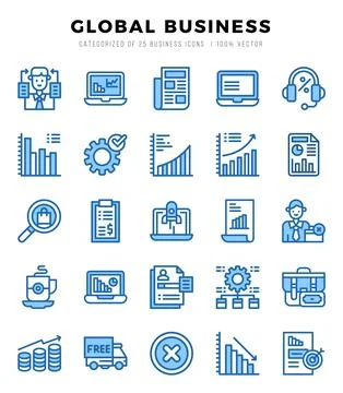 Set of 25 Global Business Two Color Icons Pack. 库存插图