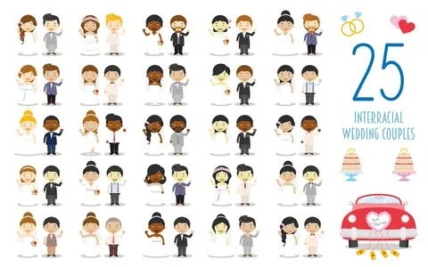 Set of 25 interracial wedding couples and nuptial icons in cartoon style Stock Illustration