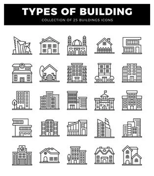 Set of 25 linear building icons showing different types of architecture in .. Illustrazione stock