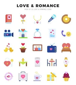Set of 25 Love &amp; Romance Flat Icons Pack. Stock Illustration
