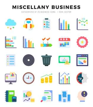 Set of 25 Miscellany Business Flat Icons Pack. Stock Illustration