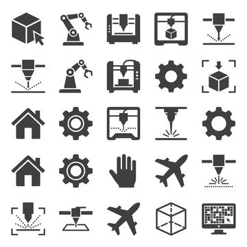 Set of 25 modern flat icons representing 3D printing, manufacturing, indust.. Stock Illustration