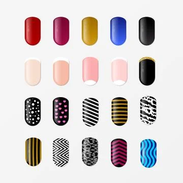 Set of 25 painted nail tips isolated on white. Nail art design concept. Diffe Stock Illustration