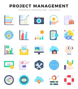 Set of 25 Project Management Flat Icons Pack. Stock Illustration