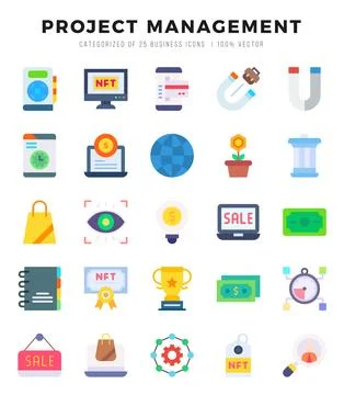 Set of 25 Project Management Flat Icons Pack. Stock Illustration