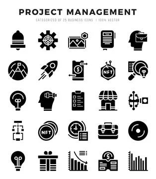 Set of 25 Project Management Glyph Icons Pack. Stock Illustration