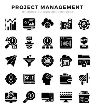 Set of 25 Project Management Glyph Icons Pack. Illustrazione stock
