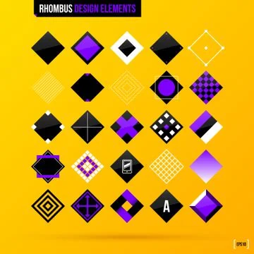 Set of 25 rhombus design elements on bright yellow background in modern corpo Stock Illustration