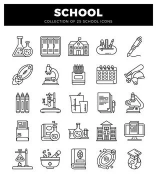 Set of 25 school icons in a clean. modern line art style. Isolated on white.. Stock Illustration