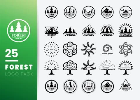 Set of 25 Simple pine trees line art logo isolated on white background. Fores Stock Illustration