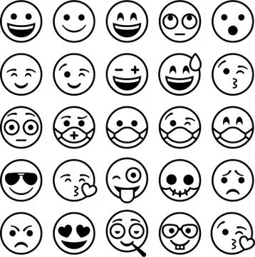 Set of 25 Smiley emoticons, some with face masks. Black outline Stock Illustration