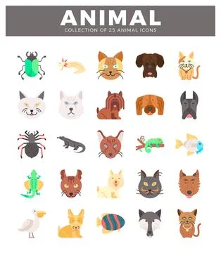 Set of 25 stylized flat vector animal icons in a clean white background. Stock Illustration