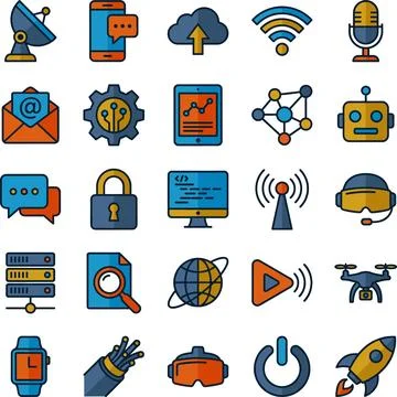 Set of 25 Technology and Communication Icons. Stock Illustration