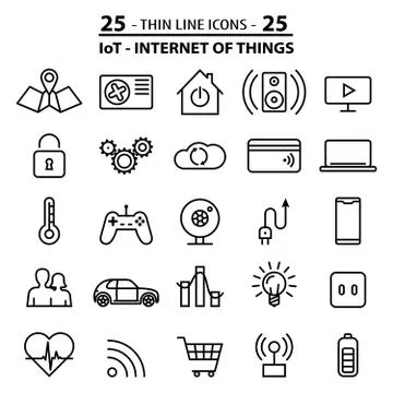 Set of 25 thin line icons about internet of things (IOT) technology. Stock Illustration