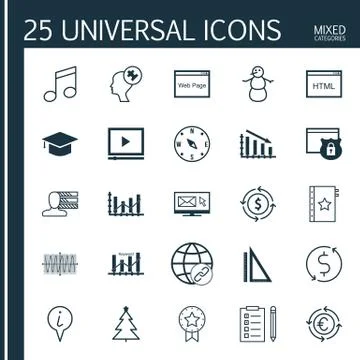 Set Of 25 Universal Editable Icons. Can Be Used For Web, Mobile And App Desig Stock Illustration