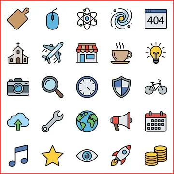 Set of 25 Universal Flat Color Filled Lines Icons for Web and Mobile. Ilustração Stock