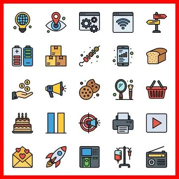Set of 25 Universal Flat Color Filled Lines for Modern Interface. Stock Illustration