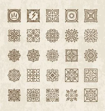 Set of 25 various design elements (crown, lightning, rays, flower, etc.) into Illustrazione stock