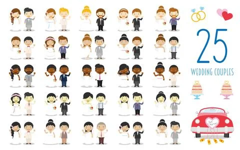 Set of 25 wedding couples and nuptial icons in cartoon style Stock Illustration