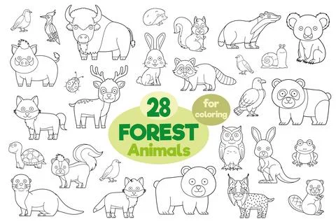 Set of 28 forest animals for coloring in cartoon style Vector Illustration Stock Illustration