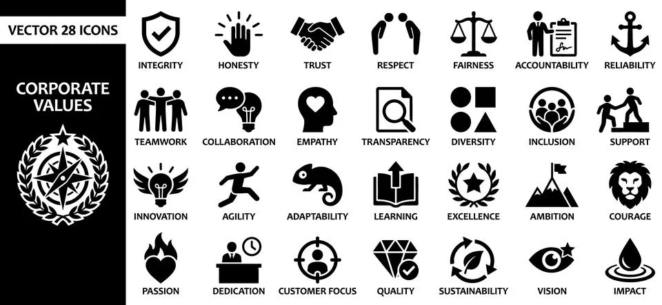 Set of 28 Vector Icons Representing Corporate Values and Concepts Illustrazione stock