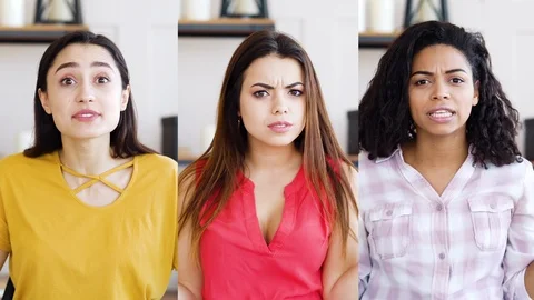 Set 3 in 1 angry multiracial girls looking at camera and expressing negativity Stock-Footage 125975180