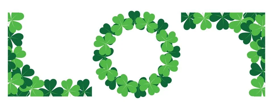 Set of 3 abstract shamrock frame corner with top and bottom border and circle Illustrazione stock