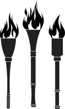 Set of 3 black vector torches with flame. Stock Illustration