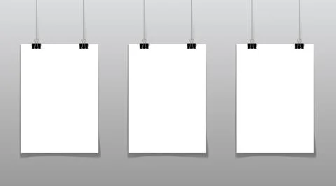Set of 3 blank posters hanging on thread with clips Stock Illustration