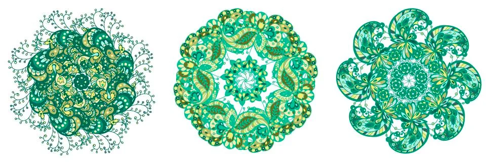 Set of 3 circle pattern elements in green and marine colors for kitchenware, Stockillustratie