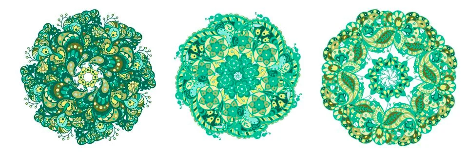 Set of 3 circle pattern elements in green and marine colors for kitchenware, Stock Illustration