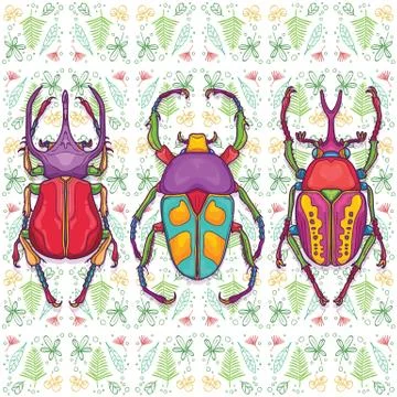 Set of 3 Colorful Beetle Bugs, Insect on Endless Leaf Background Stock Illustration