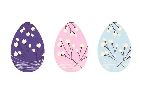 Set of 3 Easter eggs with pattern of cherry branches entangled with thin threads Stockillustratie