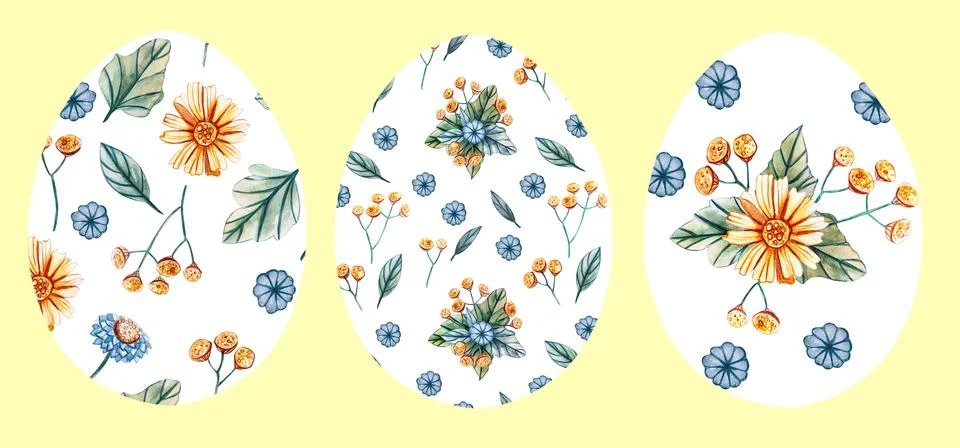 Set of 3 Easter eggs on a yellow background with a pattern of wild flowers. イラスト素材