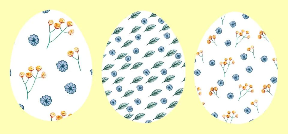 Set of 3 Easter eggs on a yellow background with a pattern of wild flowers. Illustrazione stock