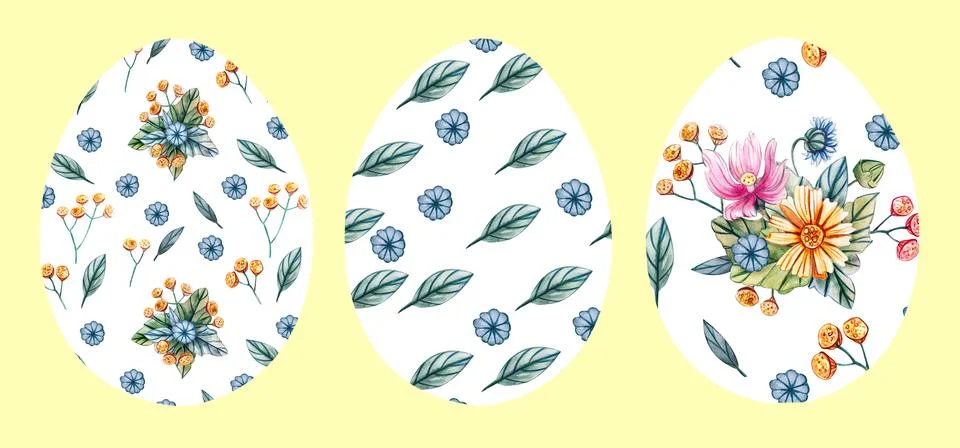 Set of 3 Easter eggs on a yellow background with a pattern of wild flowers. Stock Illustration