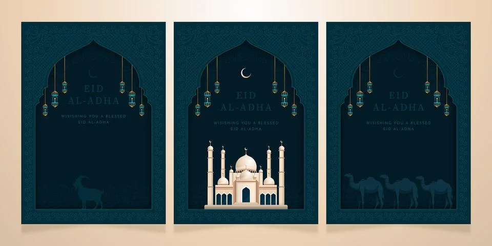 Set of 3 Elegant Eid Al-Adha Greeting Cards with Mosque, Lanterns and Anima.. 库存插图