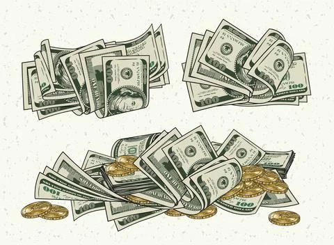 Set of 3 heaps of folded 100 dollar banknotes, bills, gold one dollar coins. Stock Illustration