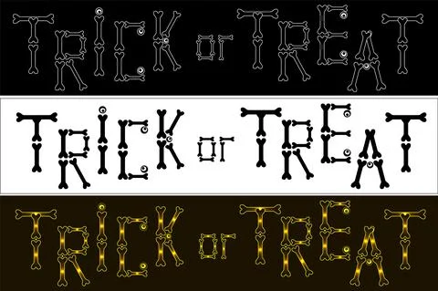 Set of 3 inscriptions "Trick or Treats" of bone letters for Halloween holiday Stock Illustration