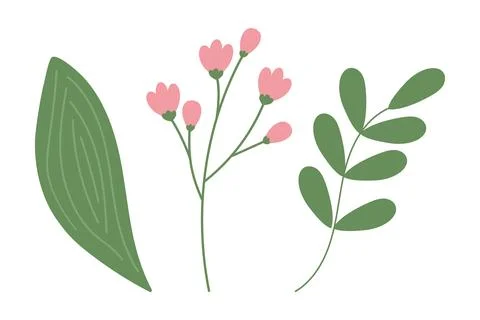 Set 3 isolated design elements of flowering branch, twig with small leaves and Stock Illustration