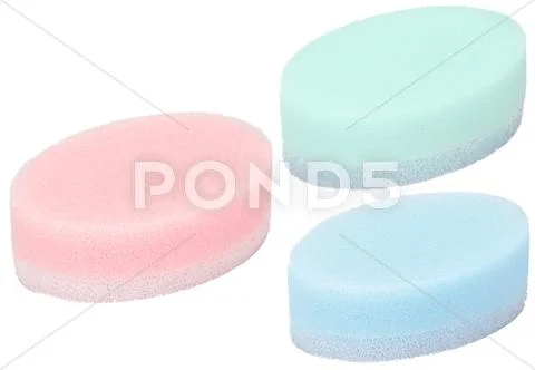 Set of 3 multicolored oval bath sponge isolated on white Stock Photos