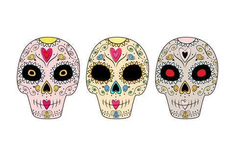 Set of 3 patterned abstract sugar skulls. Day of the Dead. Dia de los Muertos Stock Illustration