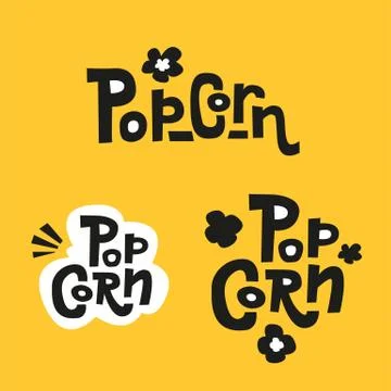 Set of 3 Popcorn text labels in sloppy tight styles. Hand drawn typography si Illustrazione stock