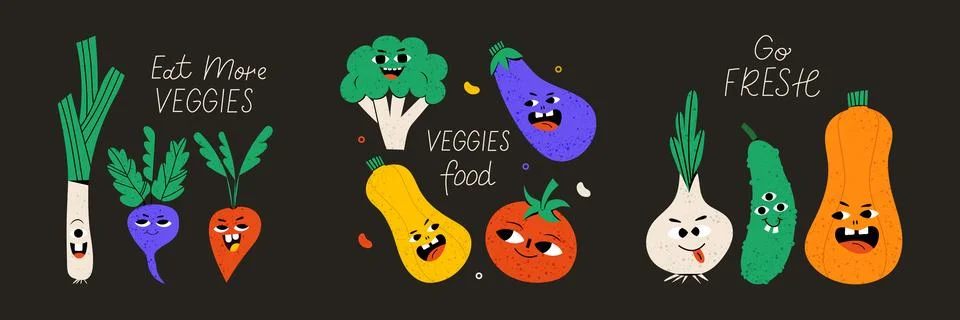Set of 3 postcards. Cute vegetable character Stock Illustration