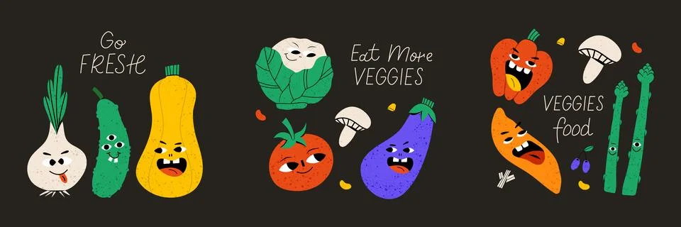 Set of 3 postcards. Cute vegetable character Stock Illustration