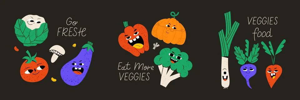 Set of 3 postcards. Cute vegetable character Stock Illustration