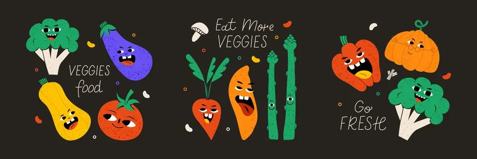Set of 3 postcards. Cute vegetable character Stock Illustration