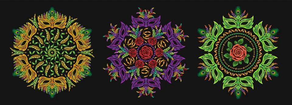 Set of 3 round patterns like mandala with masquerade masks, feathers, beads Stock Illustration