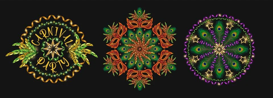 Set of 3 round patterns like mandala with masquerade masks, feathers, ribbons Stock Illustration