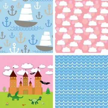 Set 3 seamless background. castle, fairytale landscape. vector Stock Illustration